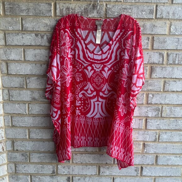 Chico's Red/White Floral Geo V-Neck Cover Up Sheer Blouse Size L/XL. - Picture 2 of 7